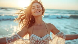 Smiling young woman standing on the beach